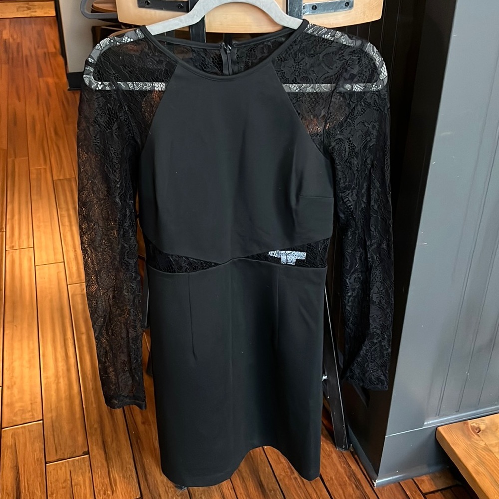 BCBG Cocktail Dress with Lace Sleeves, Waist Cutout, and Open Back